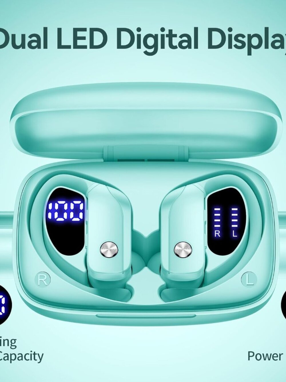 Mint Green Wireless Earbuds Bluetooth LED Display Ear-hooks Built-in Mic Headset - Picture 2 of 6